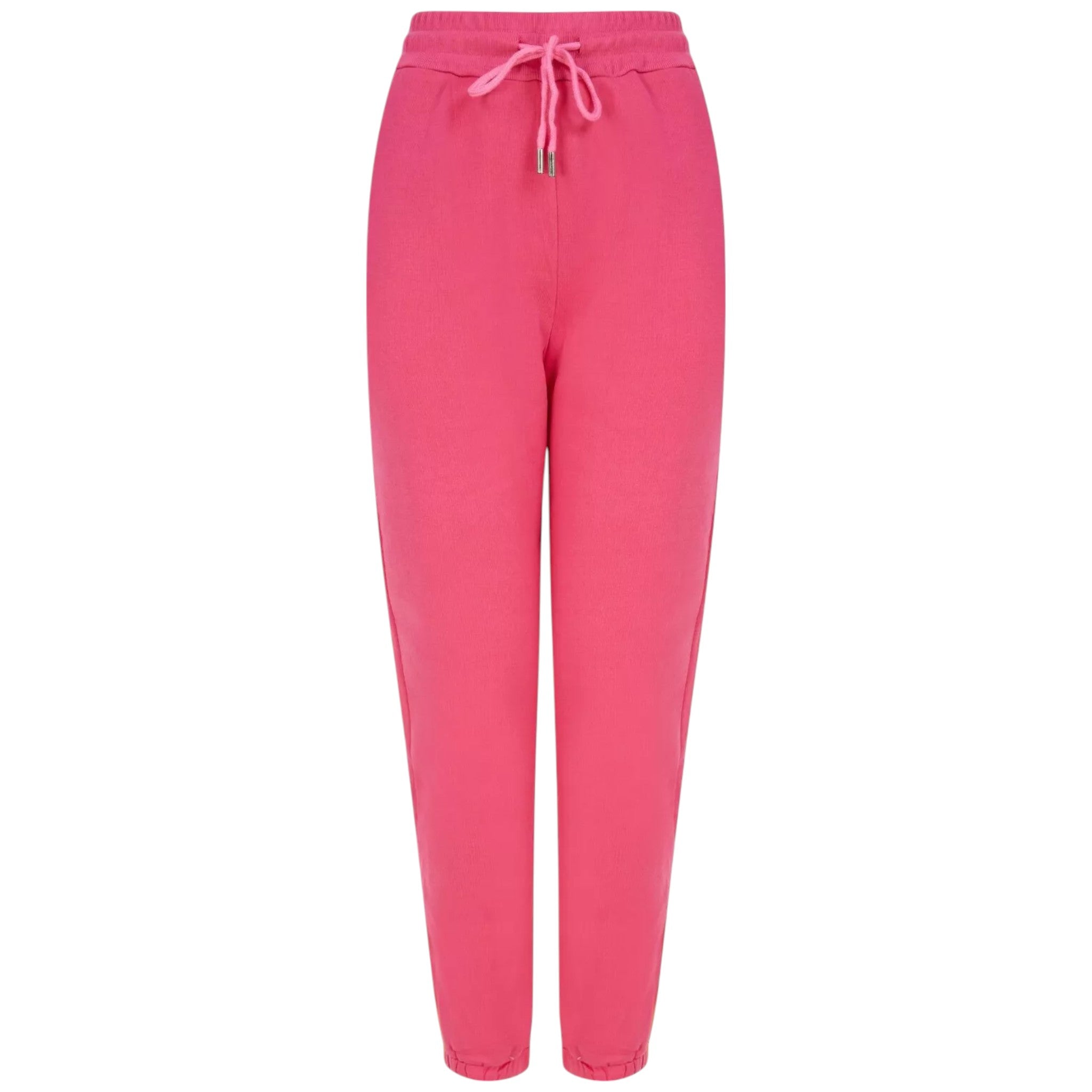 Ladies Pink joggers with side stripe, drawstring waist, elastic cuffed ankles, casual lounge pants, sporty stretch fit